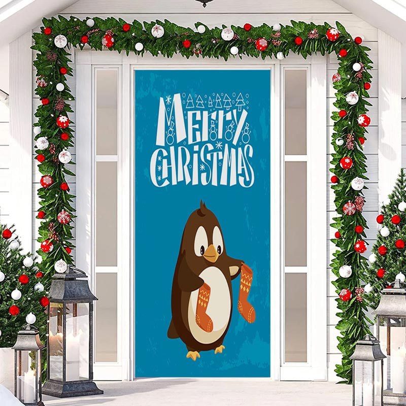 Aperturee - Blue Penguin Stockings Merry Christmas Door Cover