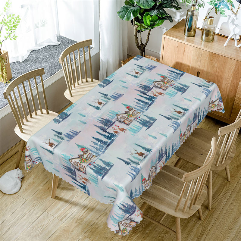 Aperturee - Blue Pine Tree Reindeer Christmas House Tablecloth