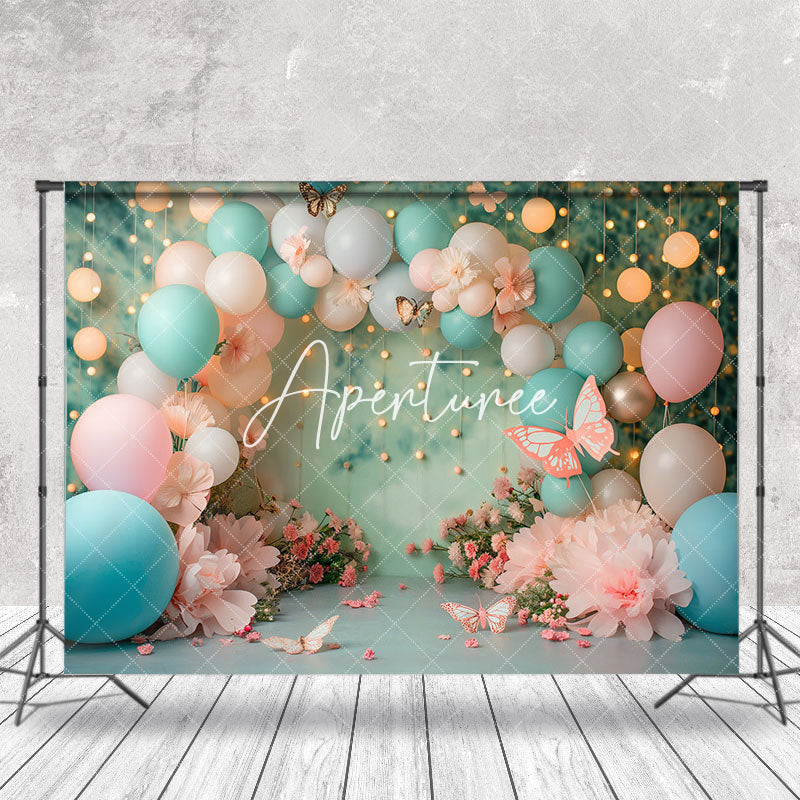 Aperturee - Blue Pink Balloon Butterfly Light Cake Smash Backdrop