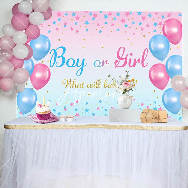 Aperturee - Blue Pink Balloon Star Boho Gender Reveal Backdrop