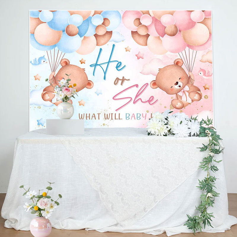 Aperturee - Blue Pink Balloon Teddy Bear Gender Reveal Backdrop