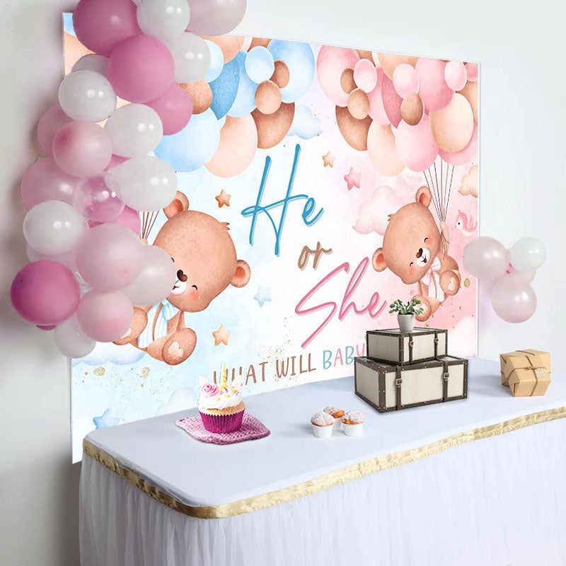 Aperturee - Blue Pink Balloon Teddy Bear Gender Reveal Backdrop