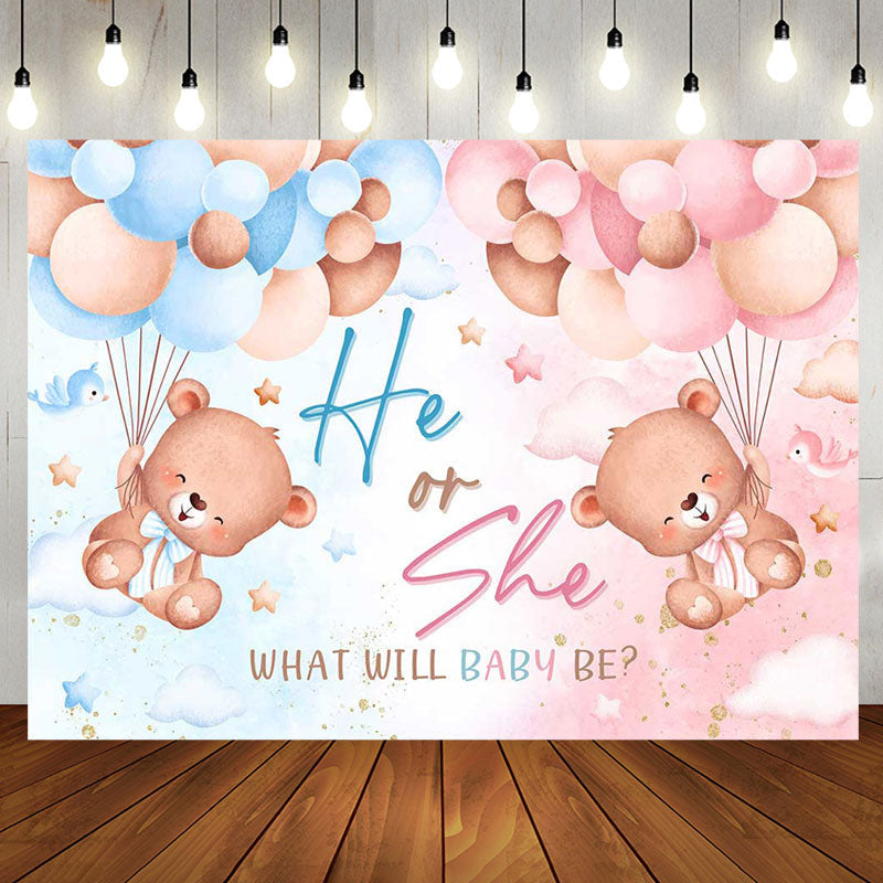 Aperturee - Blue Pink Balloon Teddy Bear Gender Reveal Backdrop