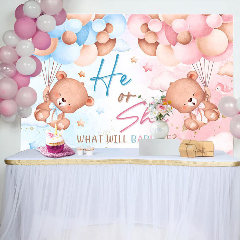 Aperturee - Blue Pink Balloon Teddy Bear Gender Reveal Backdrop