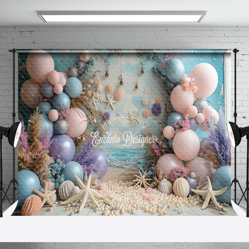 Aperturee - Blue Pink Balloons Summer Beach Cake Smash Backdrop