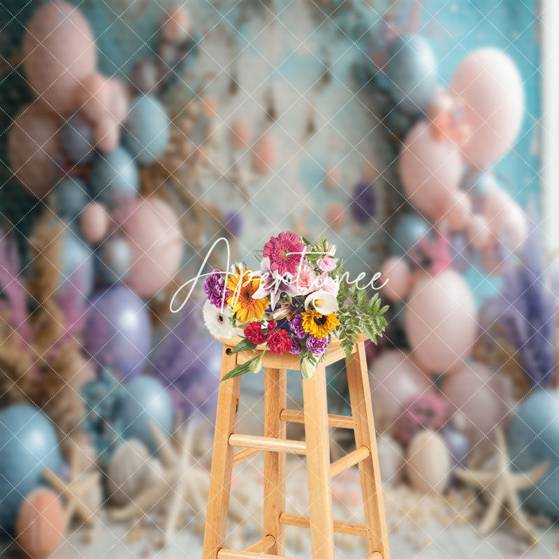 Aperturee - Blue Pink Balloons Summer Beach Cake Smash Backdrop