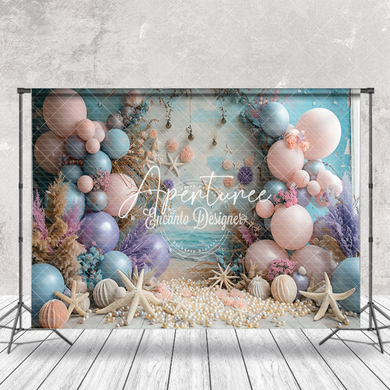 Aperturee - Blue Pink Balloons Summer Beach Cake Smash Backdrop