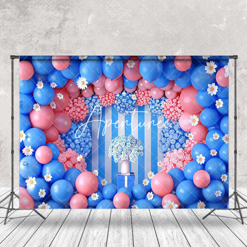 Aperturee - Blue Pink Balloons Valentines Day Backdrop For Photo