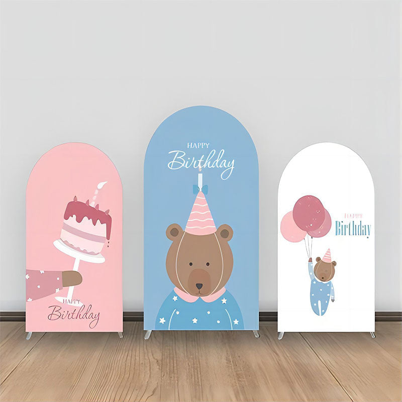 Aperturee - Blue Pink Bear Cakes Balloons Arch Backdrop Kit