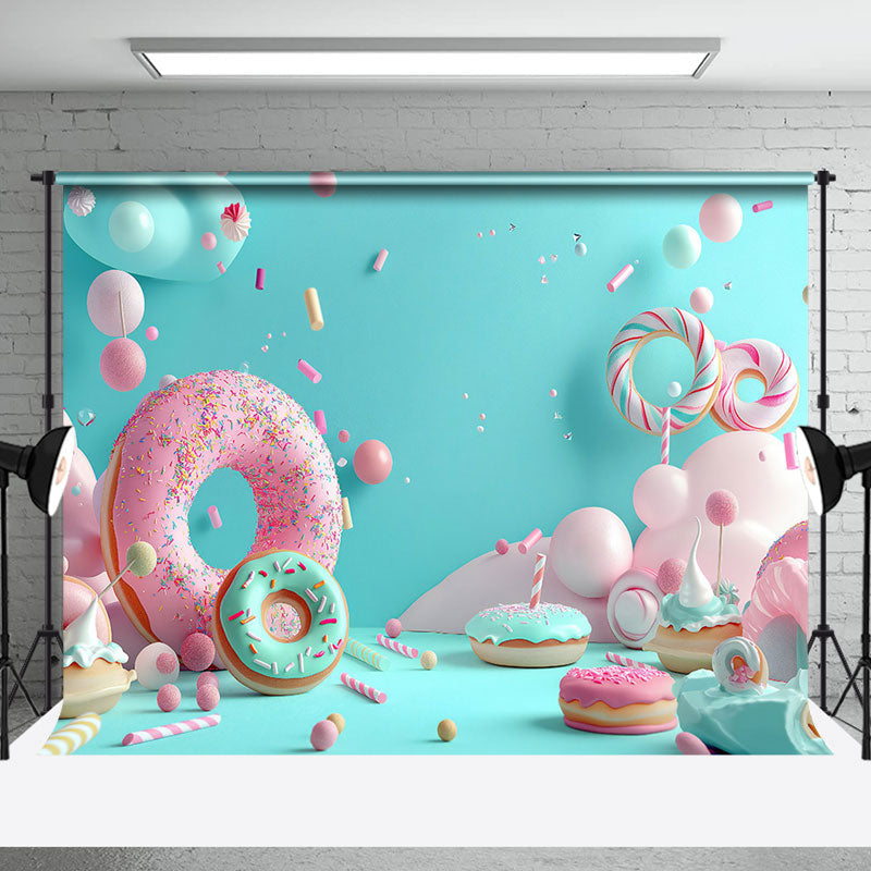 Aperturee - Blue Pink Candyland Donuts Backdrop For Cake Smash