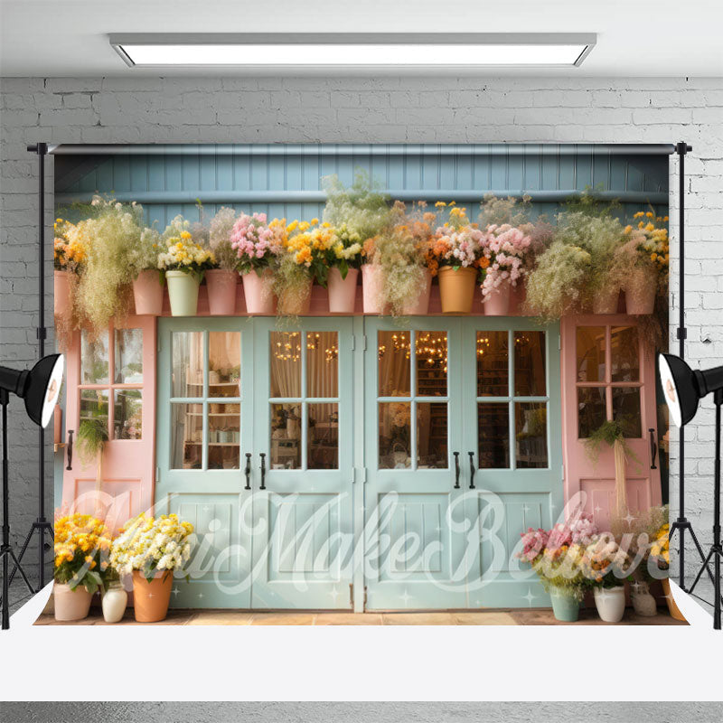 Aperturee - Blue Pink Door Floral Vase Backdrop For Photography