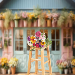 Aperturee - Blue Pink Door Floral Vase Backdrop For Photography