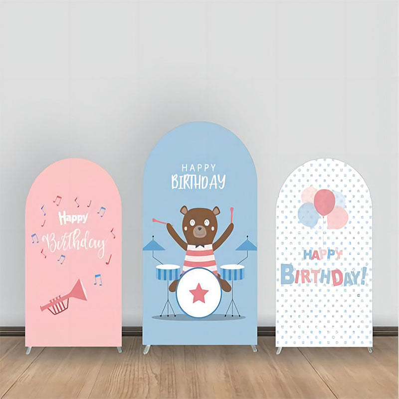 Aperturee - Blue Pink Drum Set Bear Birthday Arch Backdrop Kit