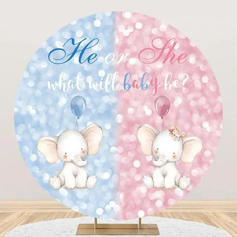 Aperturee - Blue Pink Elephant Bokeh Round Baby Shower Backdrop