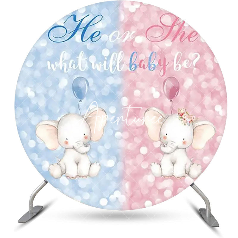 Aperturee - Blue Pink Elephant Bokeh Round Baby Shower Backdrop