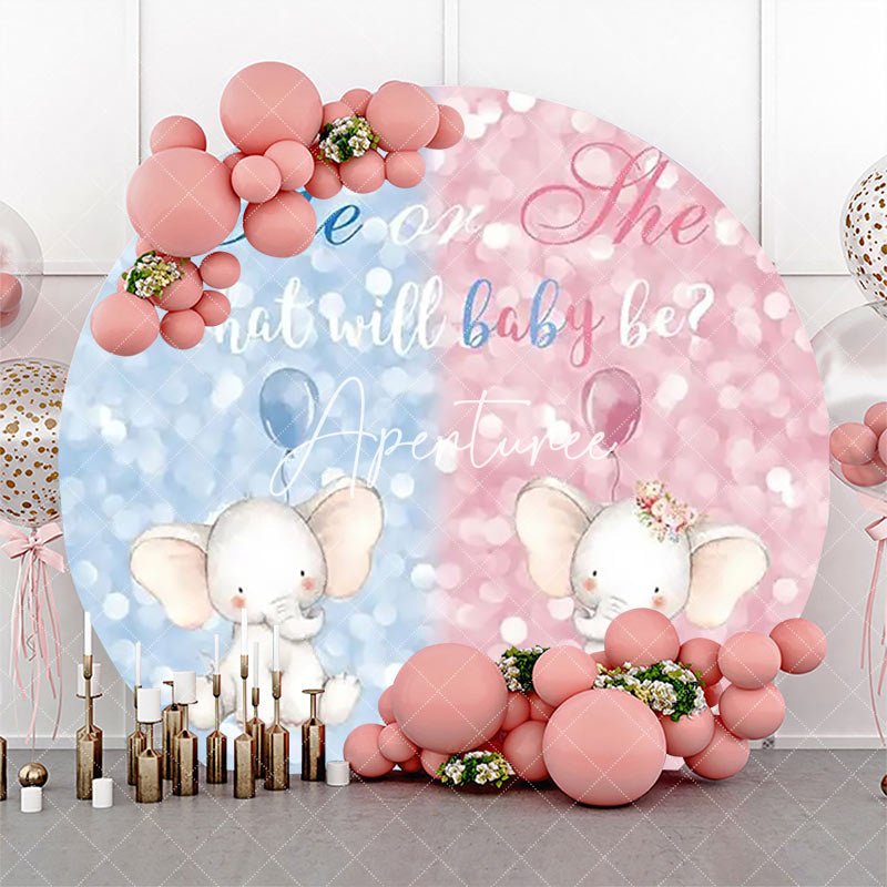 Aperturee - Blue Pink Elephant Bokeh Round Baby Shower Backdrop