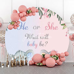 Aperturee - Blue Pink Elephant Leaves Round Baby Shower Backdrop