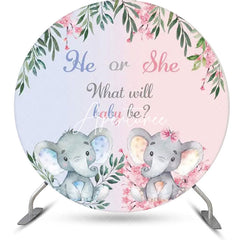 Aperturee - Blue Pink Elephant Leaves Round Baby Shower Backdrop