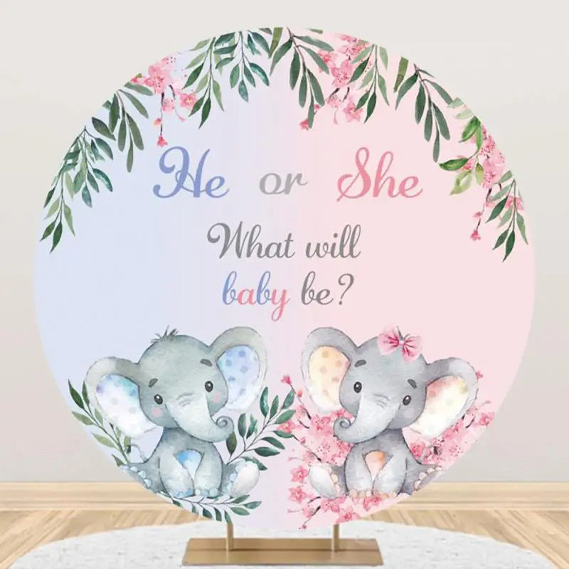 Aperturee - Blue Pink Elephant Leaves Round Baby Shower Backdrop