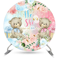 Aperturee - Blue Pink Floral Bears Round Gender Reveal Backdrop