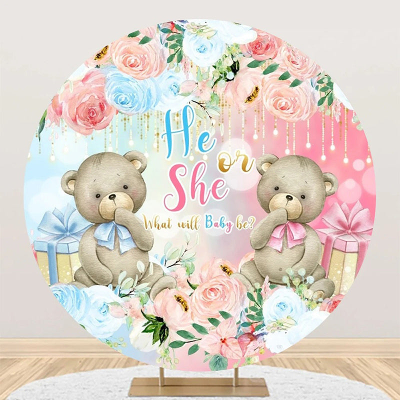 Aperturee - Blue Pink Floral Bears Round Gender Reveal Backdrop