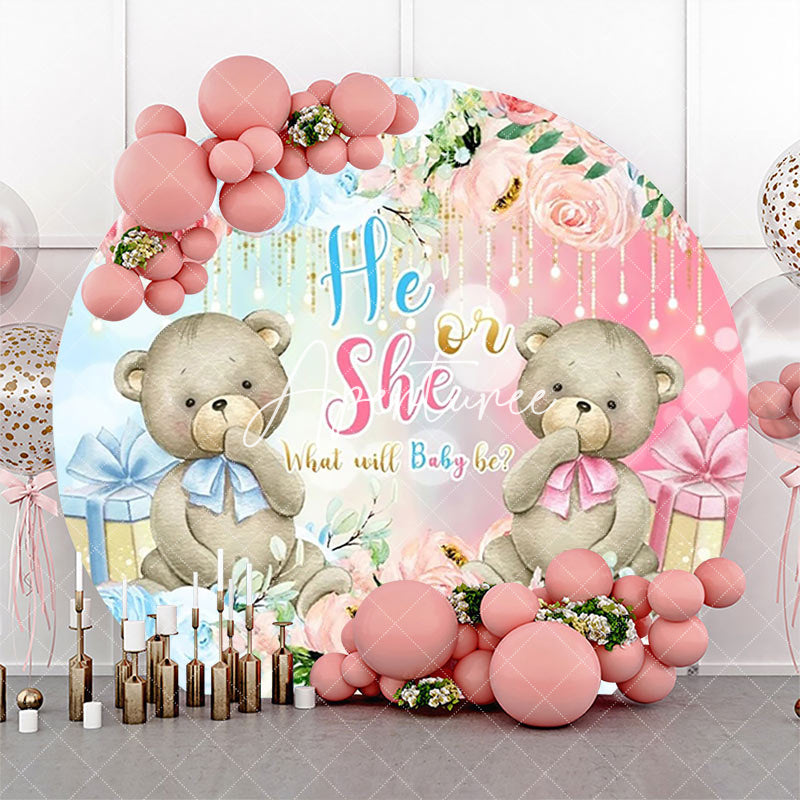 Aperturee - Blue Pink Floral Bears Round Gender Reveal Backdrop