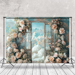 Aperturee - Blue Pink Floral Cloudy Scene Door And Window Backdrop