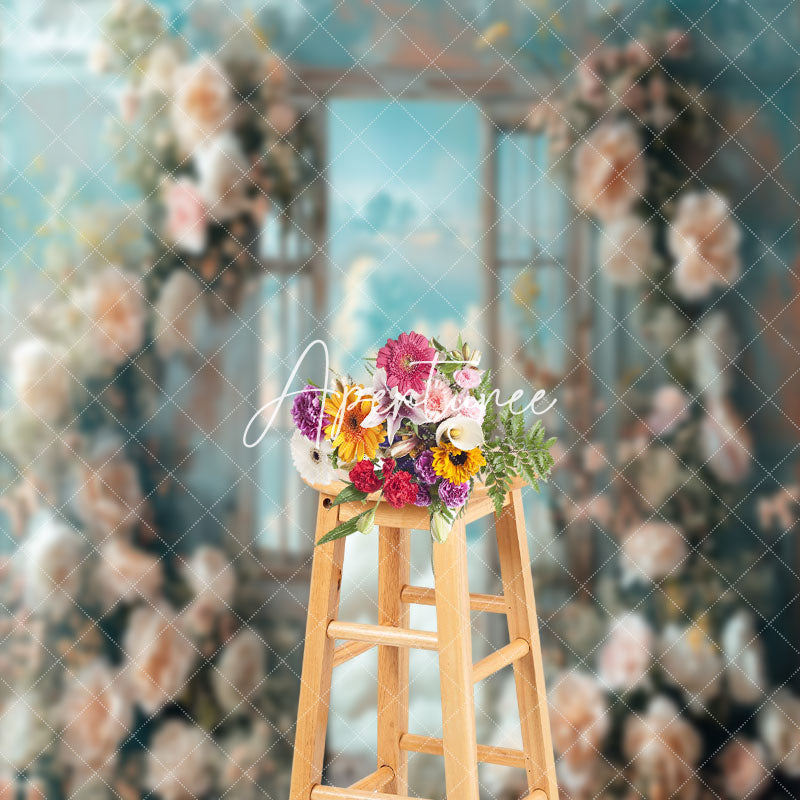 Aperturee - Blue Pink Floral Cloudy Scene Door And Window Backdrop