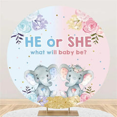 Aperturee - Blue Pink Floral Elephant Round Baby Shower Backdrop