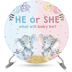 Aperturee - Blue Pink Floral Elephant Round Baby Shower Backdrop