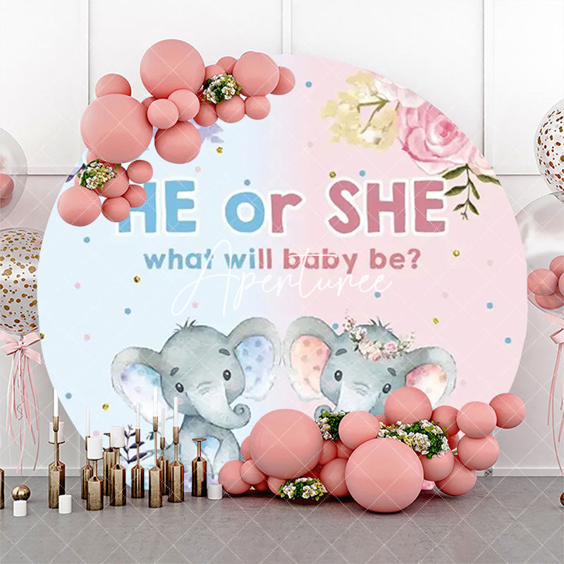 Aperturee - Blue Pink Floral Elephant Round Baby Shower Backdrop