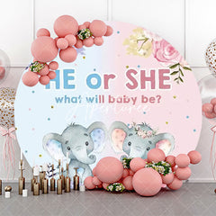 Aperturee - Blue Pink Floral Elephant Round Baby Shower Backdrop