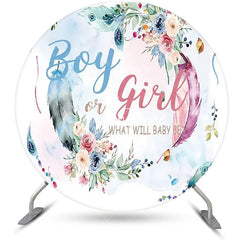 Aperturee - Blue Pink Floral Leaves Round Gender Reveal Backdrop