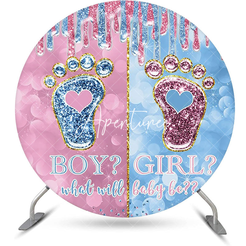 Aperturee - Blue Pink Footprint Bokeh Round Baby Shower Backdrop