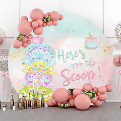 Aperturee - Blue Pink Heres The Scoop Round Baby Shower Backdrop