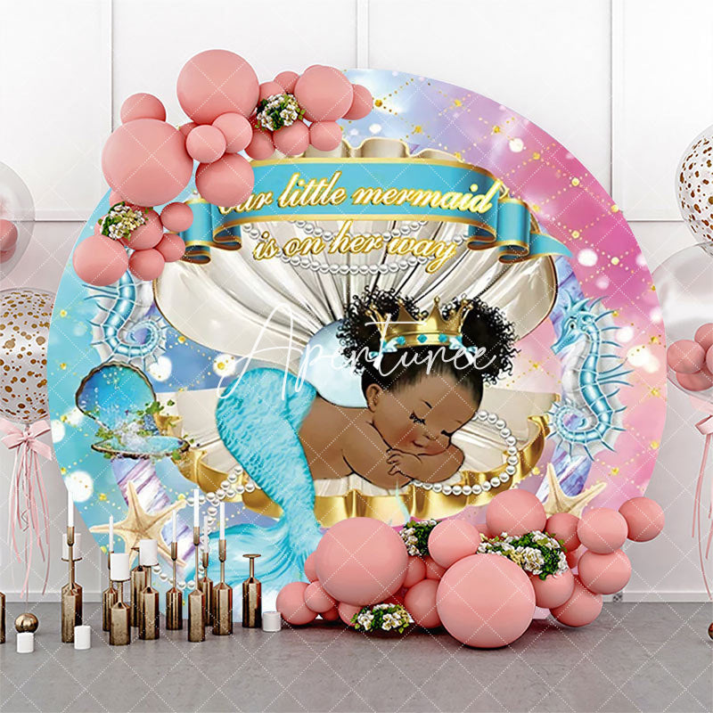 Aperturee - Blue Pink Little Mermaid Round Baby Shower Backdrop