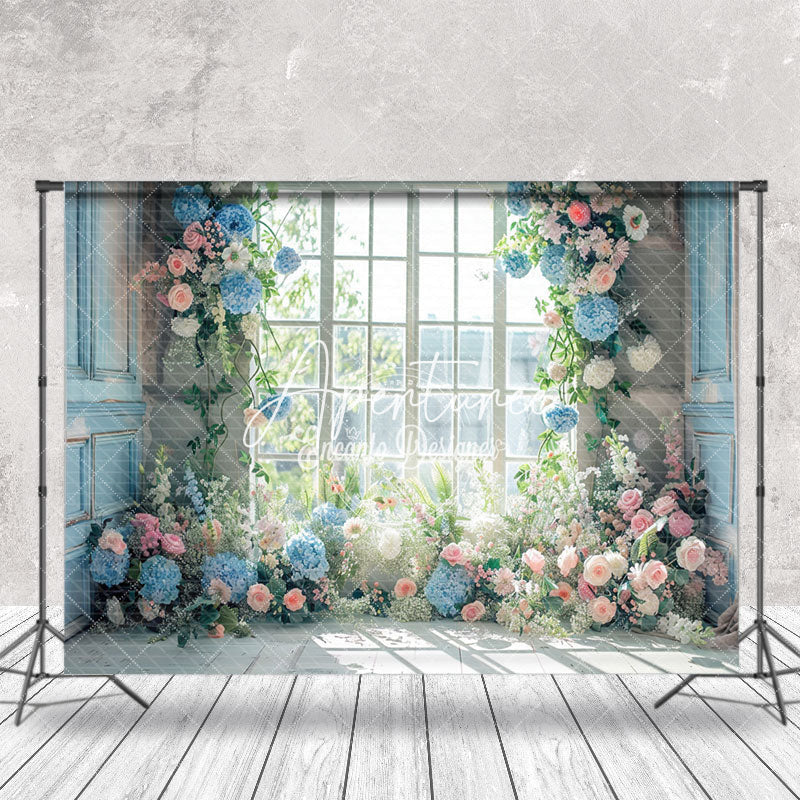 Aperturee - Blue Pink Spring Floral Window Backdrop For Wedding