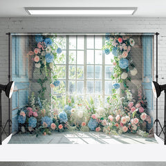 Aperturee - Blue Pink Spring Floral Window Backdrop For Wedding