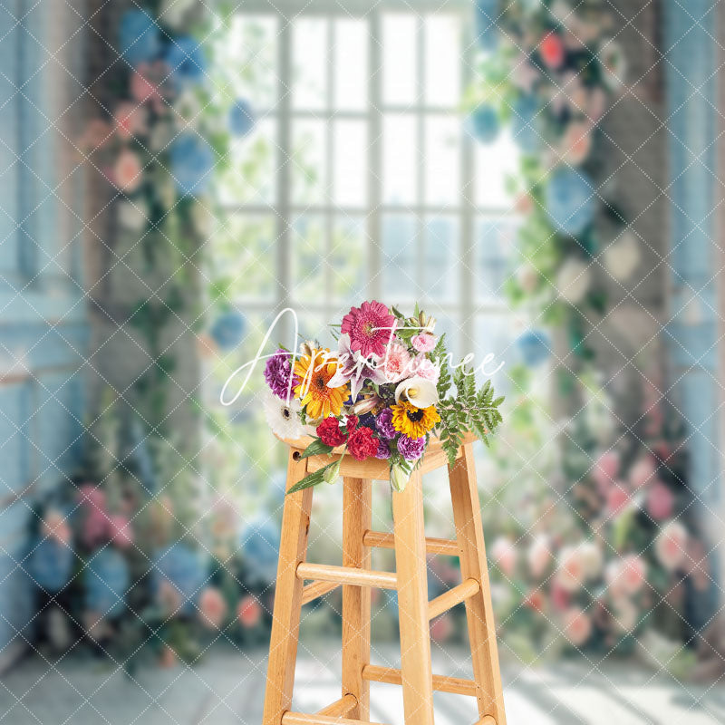 Aperturee - Blue Pink Spring Floral Window Backdrop For Wedding