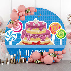 Aperturee - Blue Plaid Candyland Cake Round Birthday Backdrop