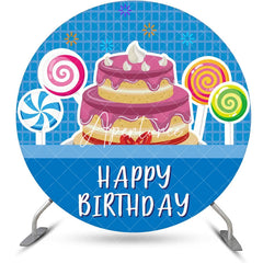 Aperturee - Blue Plaid Candyland Cake Round Birthday Backdrop