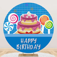 Aperturee - Blue Plaid Candyland Cake Round Birthday Backdrop