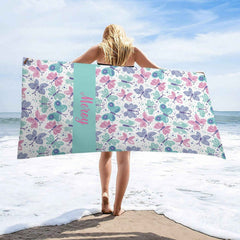 Aperturee - Blue Purple Butterfly Custom Name Beach Towel for Girl