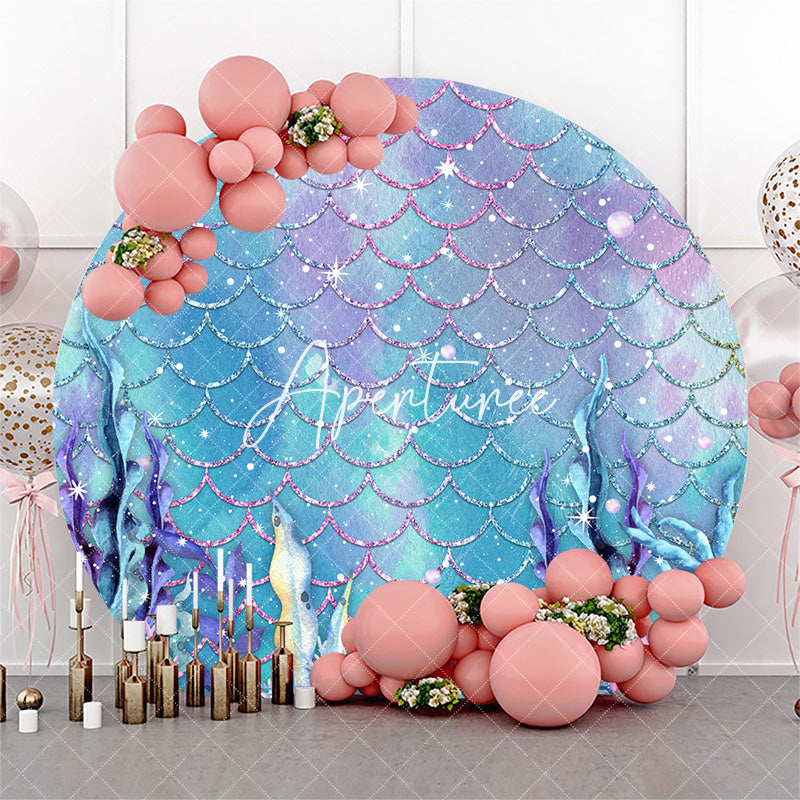 Aperturee - Blue Purple Mermaid Scales Round Birthday Backdrop