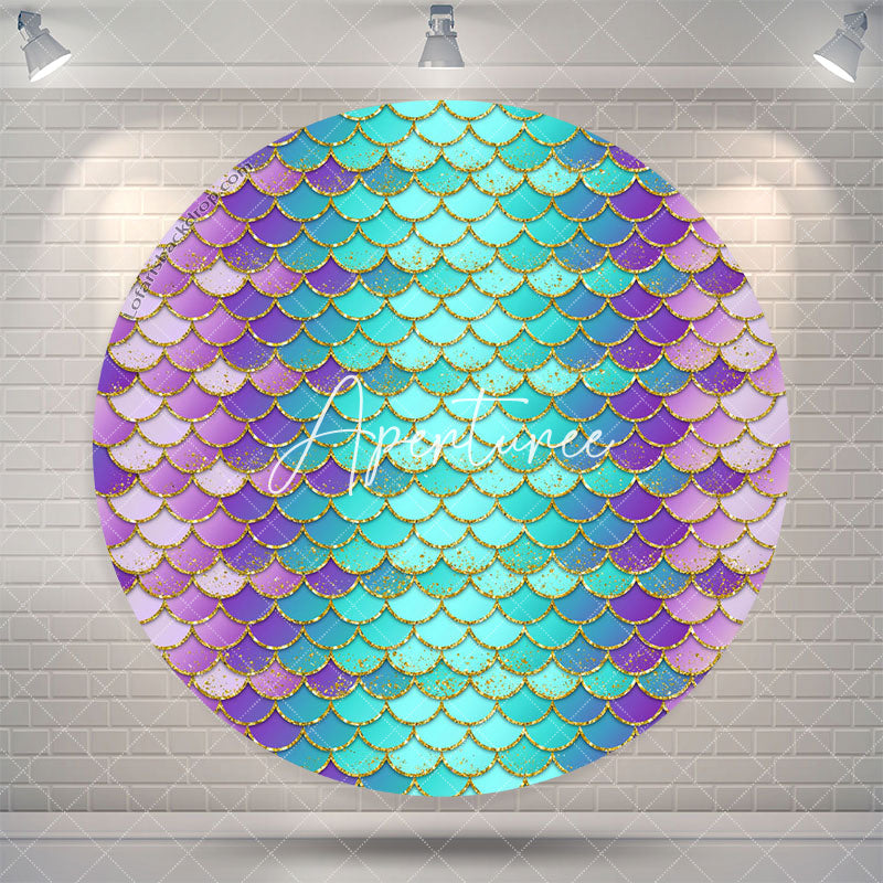 Aperturee Blue Purple Scale Mermaid Round Birthday Backdrop