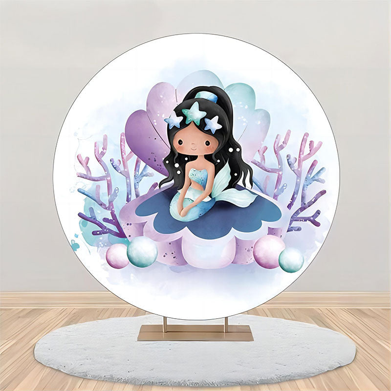 Aperturee - Blue Purple Shell Mermaid Round Birthday Backdrop