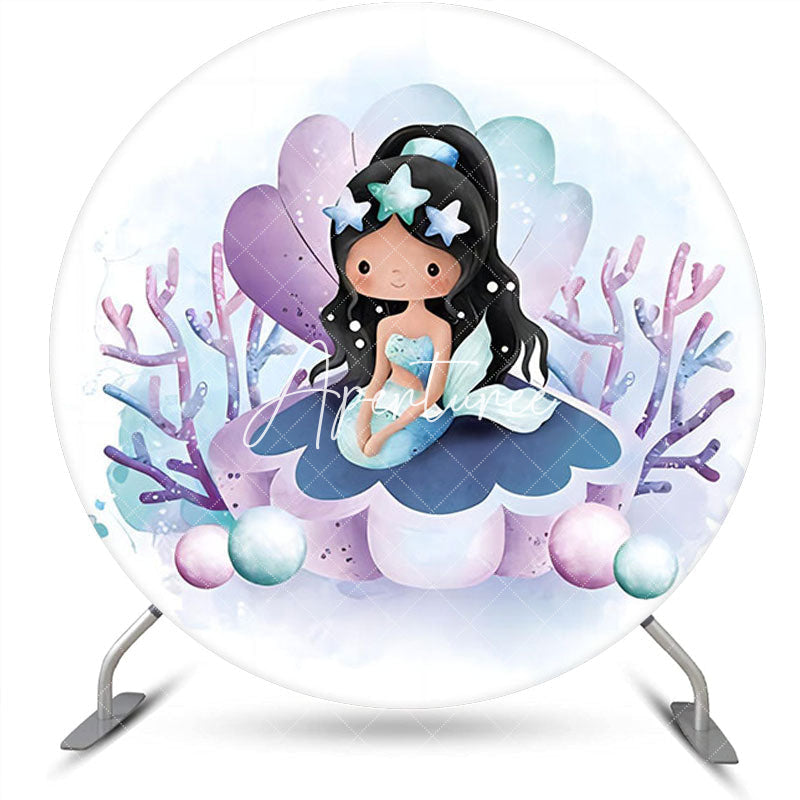 Aperturee - Blue Purple Shell Mermaid Round Birthday Backdrop