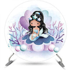 Aperturee - Blue Purple Shell Mermaid Round Birthday Backdrop