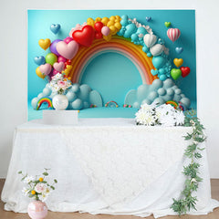 Aperturee - Blue Rainbow Heart Balloon Happy Birthday Backdrop