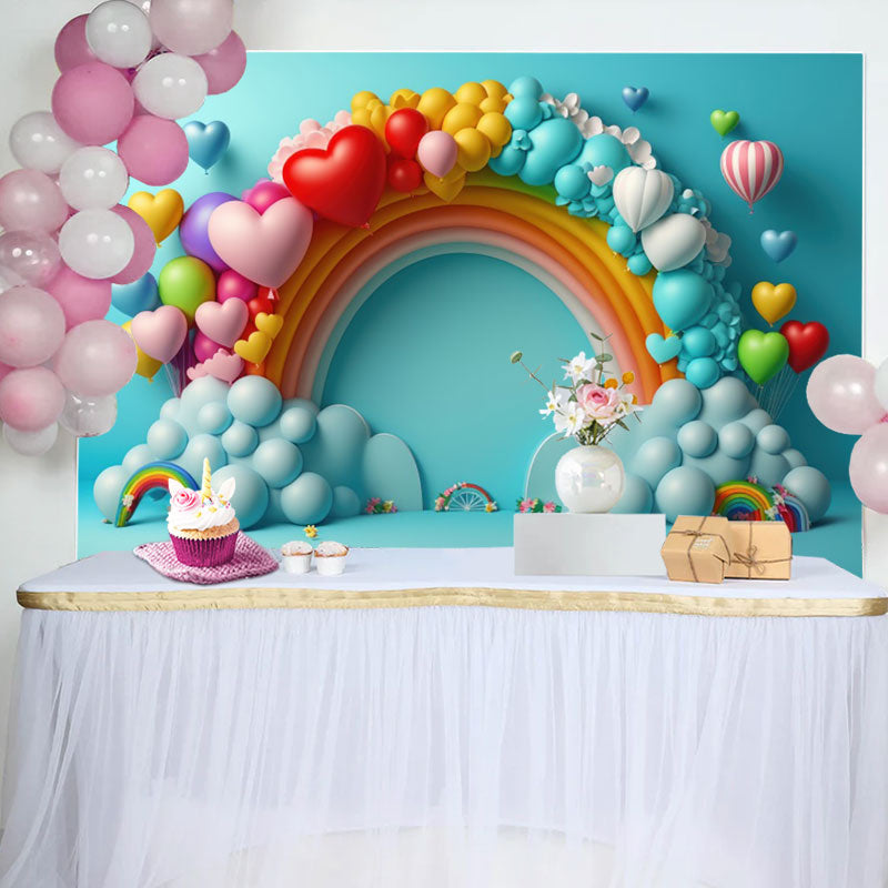 Aperturee - Blue Rainbow Heart Balloon Happy Birthday Backdrop